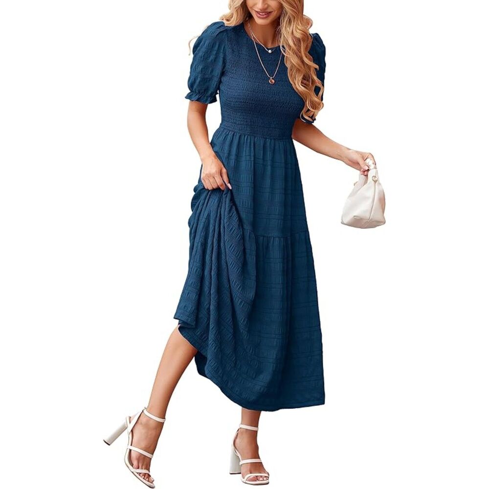 Women's Lake Blue Polyester Crew Neck Short Sleeve A Line Casual Maxi Dress